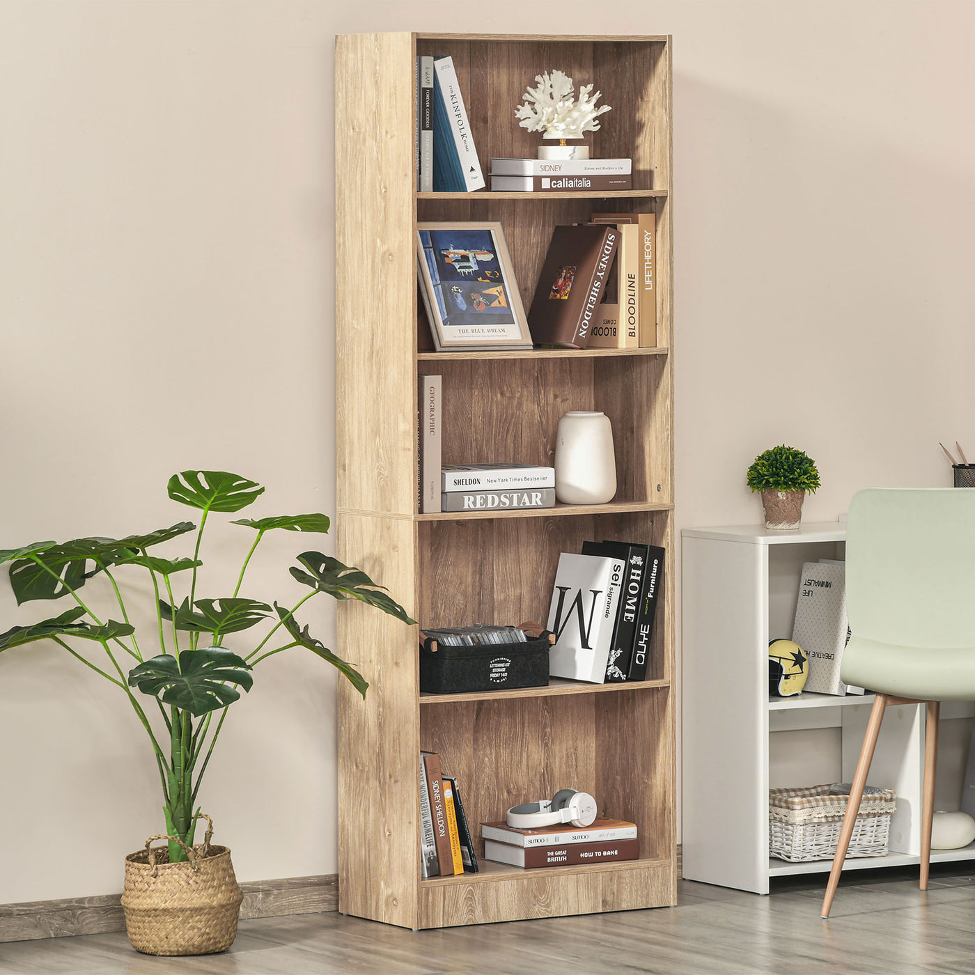 5-Tier Bookcase, Storage Bookshelf with Adjustable Shelves, Display Shelves for Living Room, Home Office, Nature Wood