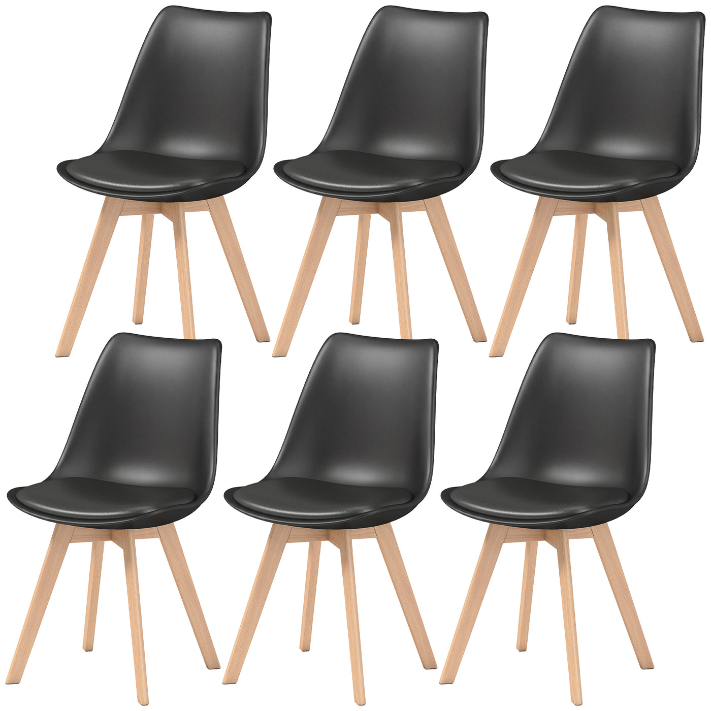 Modern Dining Table Chairs Set of 6, Rubber Wood Kitchen Table Chairs with PU Leather Cushion for Living Room, Bedroom