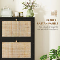 Rattan Shoe Storage Cabinet with 3 Flip Drawers and Adjustable Shelves, Entryway Shoe Cabinet for 18 Pairs, Black
