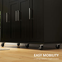 Modern Rolling Kitchen Island Cart with Drawers, Natural Wood Top, Towel Rack, Door Storage Cabinet, Black