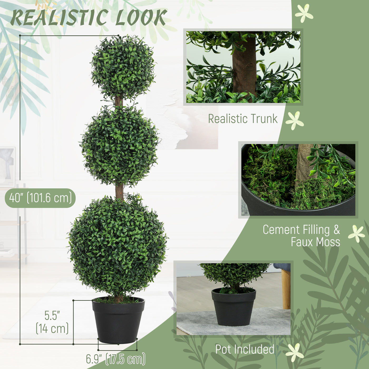 2 Pack 40" Artificial Trees, Boxwood Topiary Ball Trees with Pot for Indoor, Outdoor, Home Office, Living Room, Green