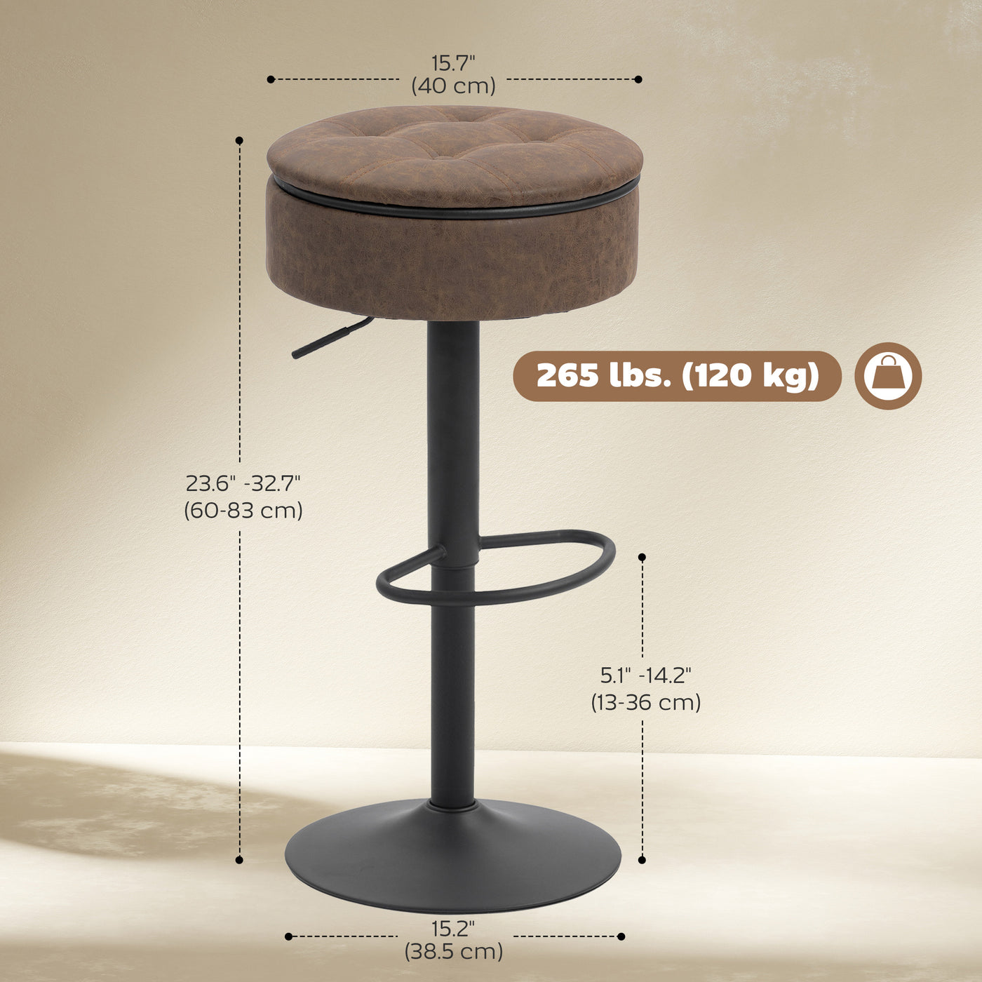 Set of 2 Barstools with Storage, Swivel Bar Stools with PU Leather Upholstered, Footrest, Steel Base, Brown
