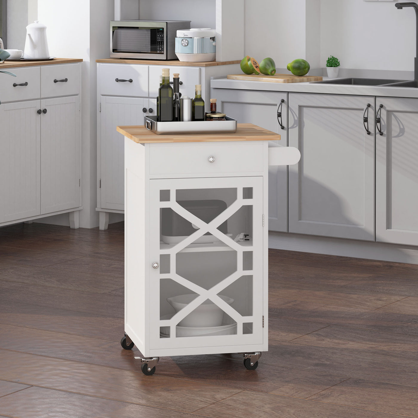 Kitchen Cart on Wheels, Rolling Kitchen Island with Drawer, Glass Door, Towel Rack and Adjustable Shelf, White
