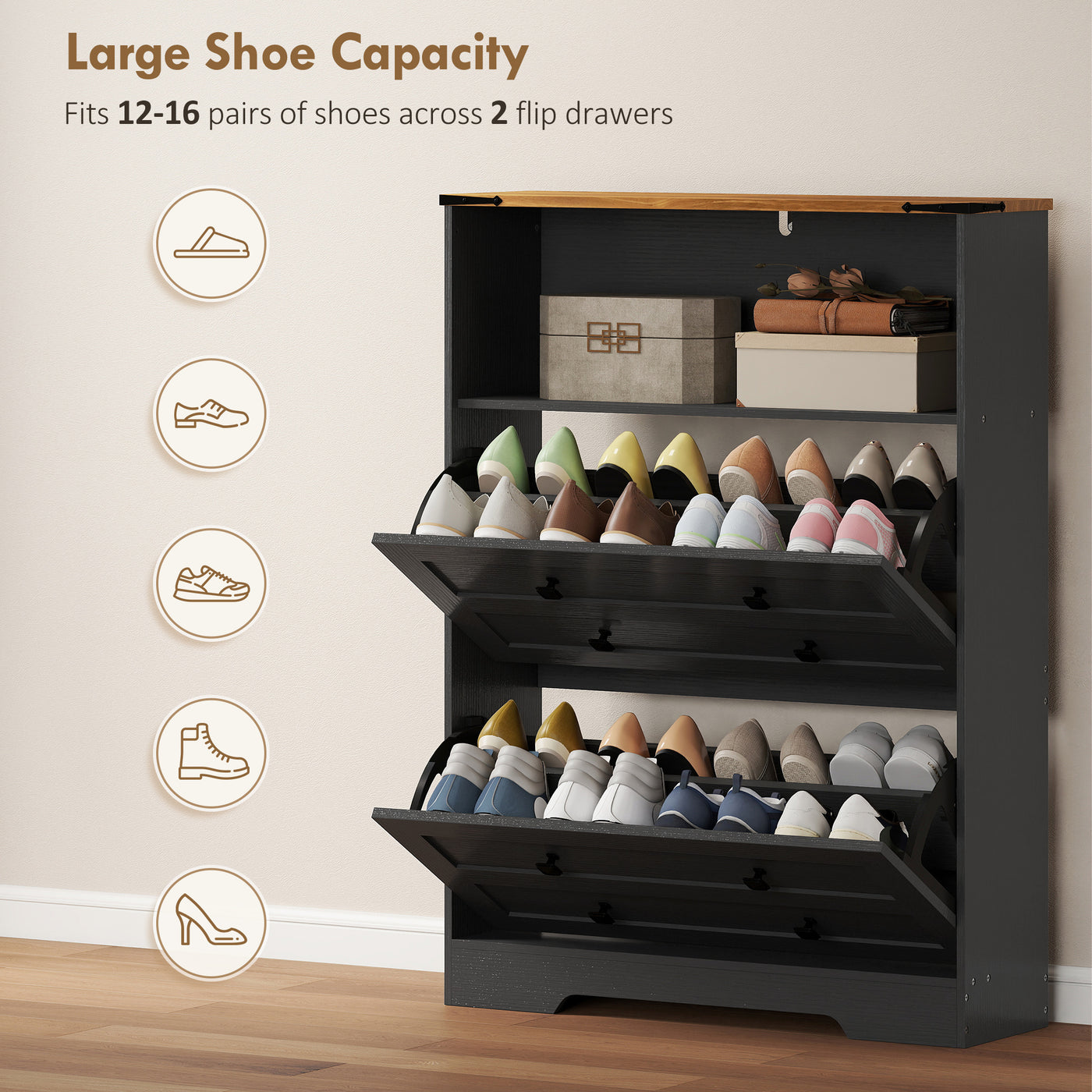 Shoe Cabinet with 2 Flip Drawers, Narrow Shoe Storage Cabinet, Black