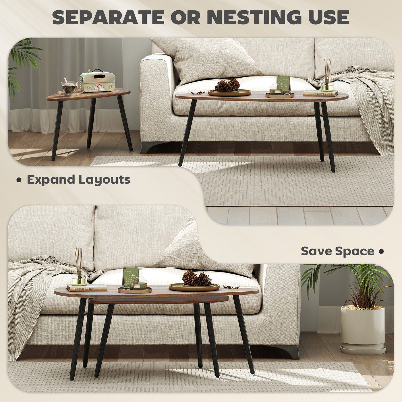 2 Pieces Coffee Table Set for Living Room, Industrial Nest of Tables with Steel Legs, Brown