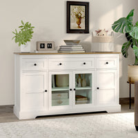 Sideboard Buffet Cabinet with Storage, Coffee Bar Cabinet with Glass Doors and Adjustable Shelves, Distressed White