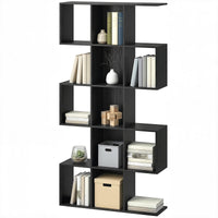 5-Tier Bookshelf, S Shaped Geometric Bookcase with 15 Compartments, Black Wood Grain