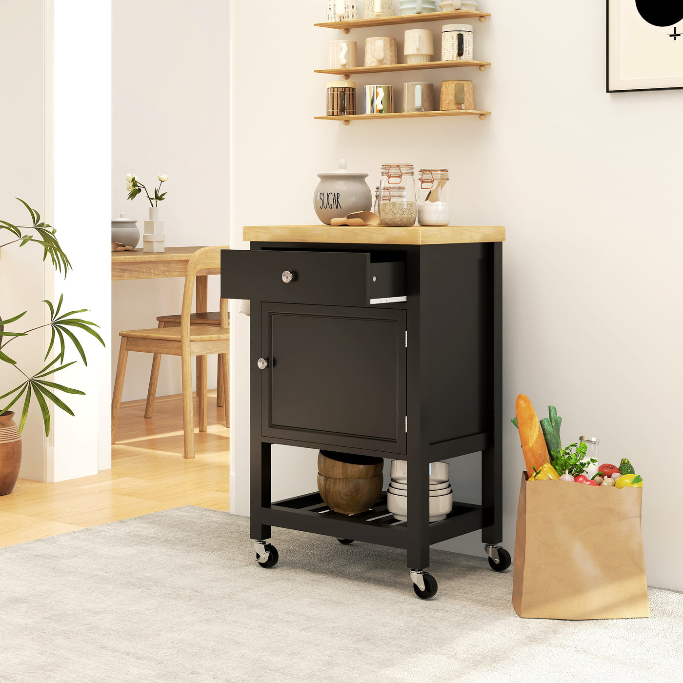 Kitchen Island on Wheels, Rolling Kitchen Cart with Wood Top, Towel Rack, Drawer and Shelf for Dining Area, Black