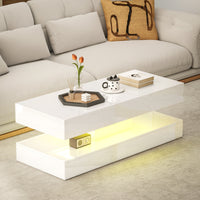 Coffee Table with Adjustable LED Lights, Modern Living Room Table with 2 Drawers, Open Shelf, Remote, High Gloss White