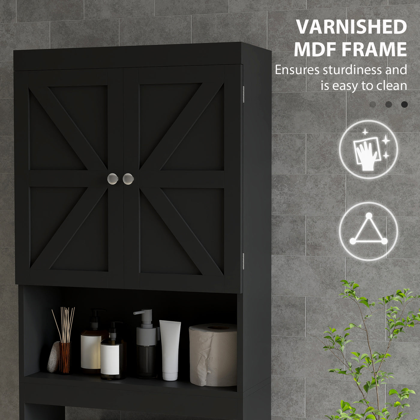 Over The Toilet Cabinet, Modern Bathroom Above Toilet Storage with Barn Doors and Open Shelf, Black