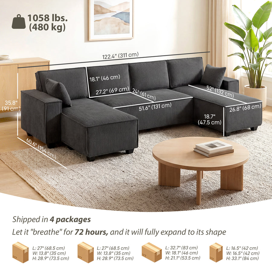 Modular U Shaped Couch, Sectional Sofa with Double Chaises and Spring Cushions, Dark Grey