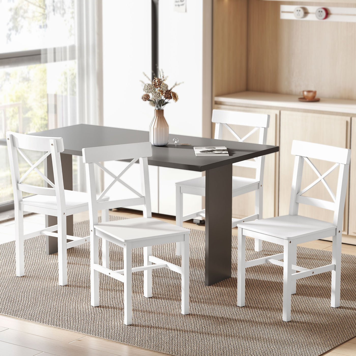 Wooden Dining Chairs Set of 4, Kitchen Chairs with Cross Back, Solid Structure for Living Room and Dining Room, White