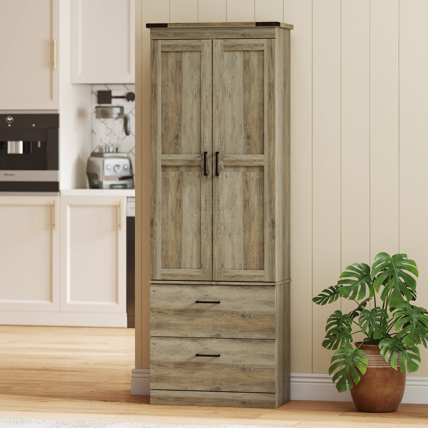 67" Tall Kitchen Pantry Storage Cabinet, Kitchen Pantry Cabinet with Doors, Drawers and Adjustable Shelves, Light Ivory
