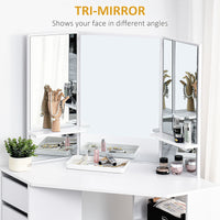 Corner Dressing Table, Makeup Desk with 3-piece Mirror and 5 Drawers, White
