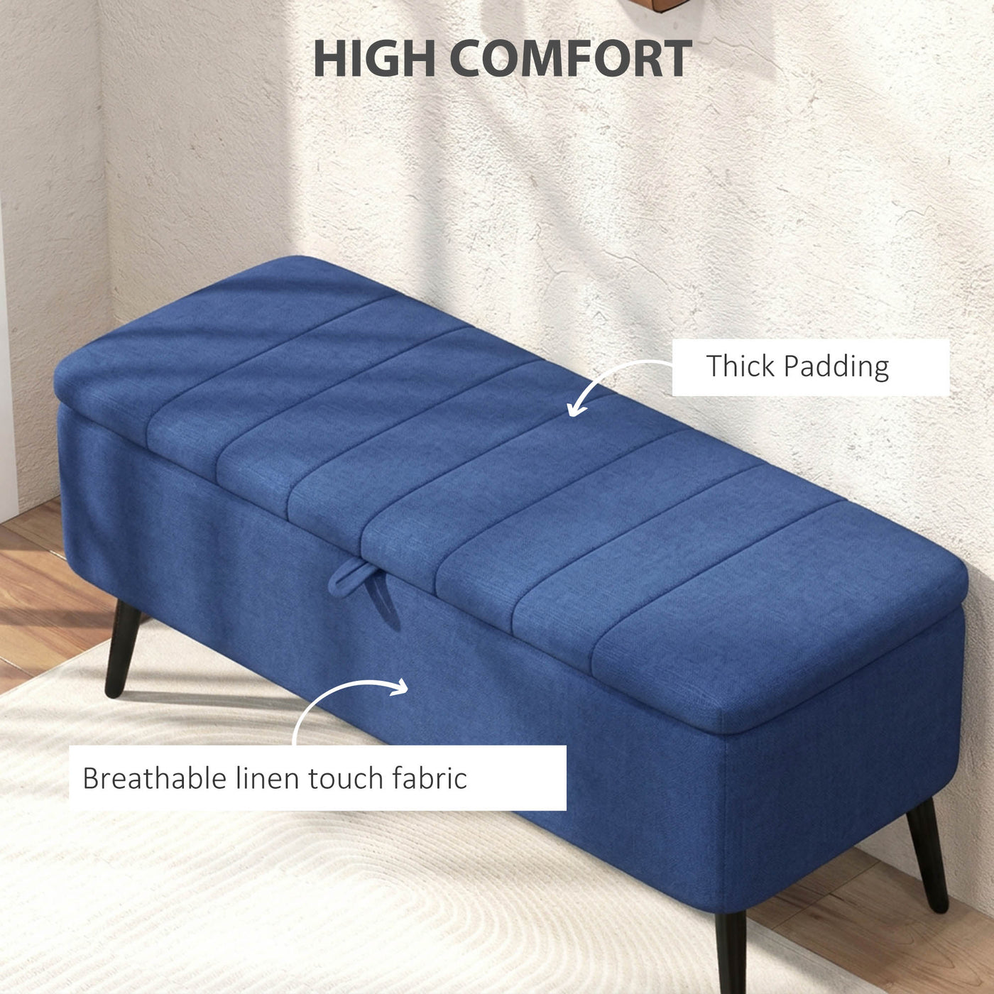 40" Ottoman with Storage, Linen Upholstered Storage Ottoman Bench with Steel Legs for Living Room, Bedroom Dark Blue