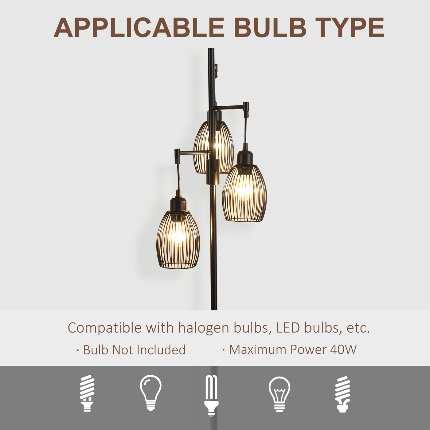 Industrial Floor Lamp with 3 Hanging Wire Lampshades, Dimmable Standing Lamp for Living Room, Bedroom, Dining Room, Study, Black