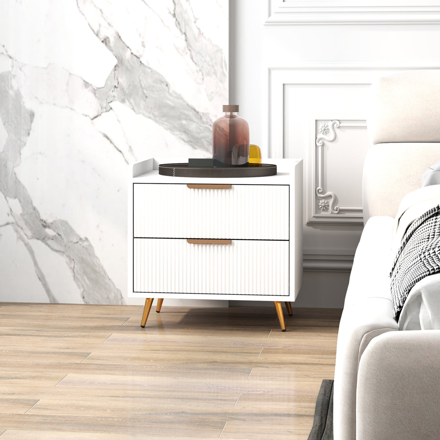 Bedside Table, Nightstand with 2 Drawers, Side End Table with Metal Legs for Bedroom, White