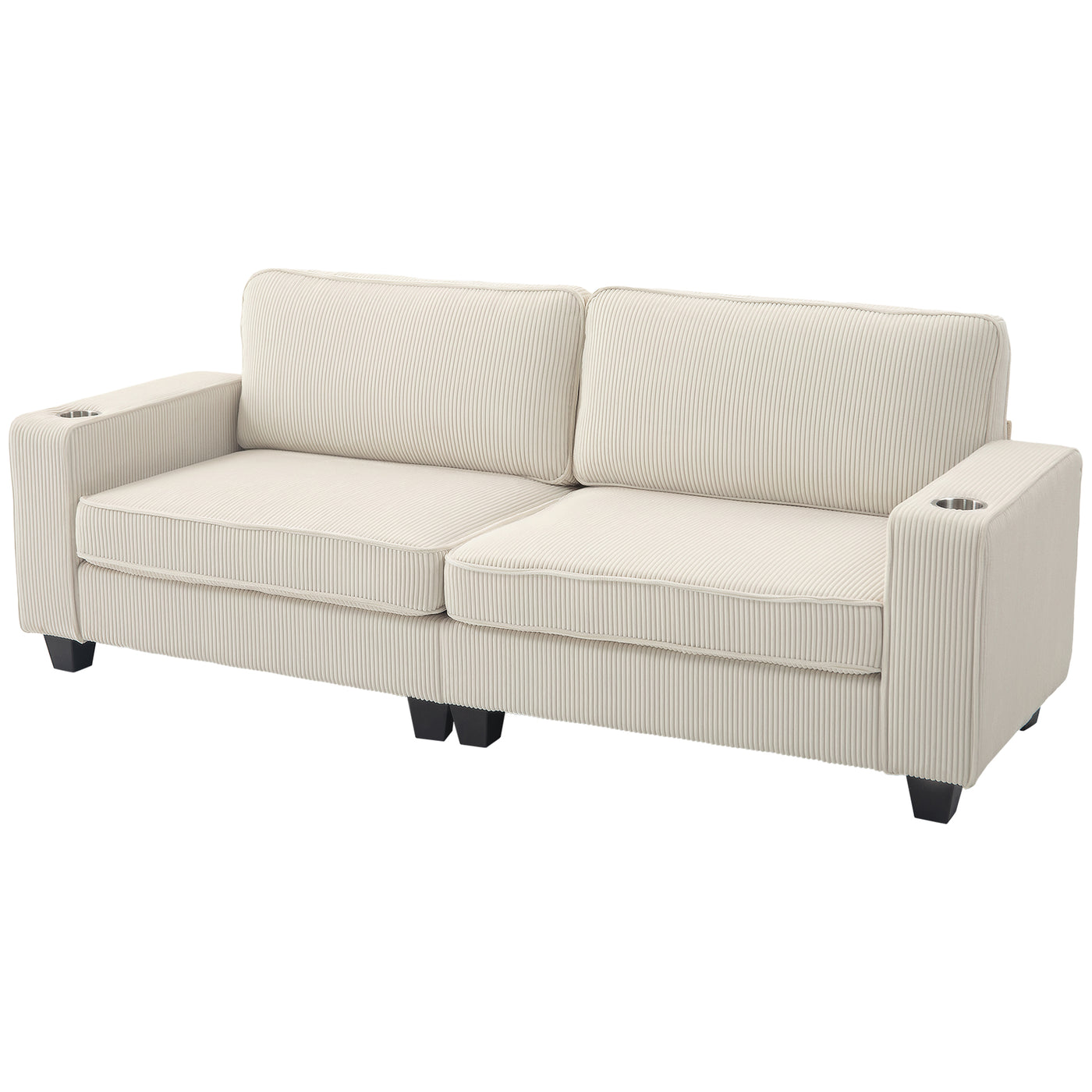 Three Seater Sofa, Fabric 3 Seater Couch with Spring Cushion and Cup Holders for Living Room, Bedroom, Cream White