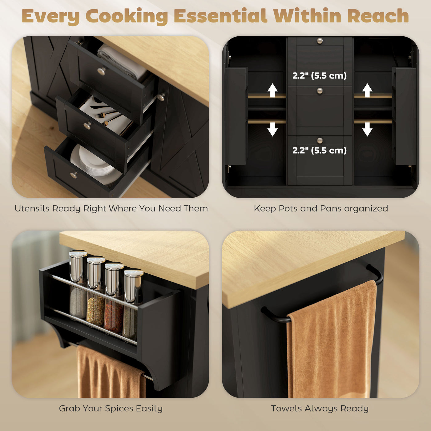 Farmhouse Kitchen Island Cart with Power Outlet and Soft-Close Doors, 49" Kitchen Island with 3 Drawers, Black