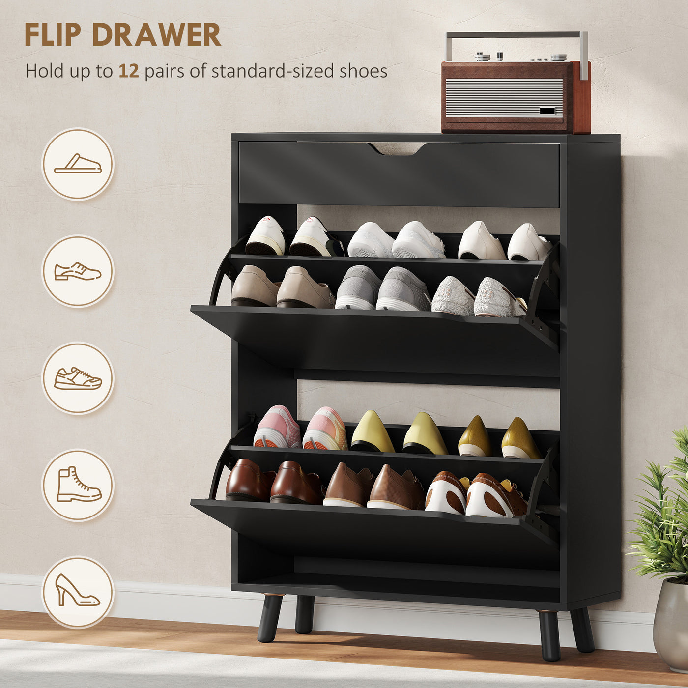 Narrow Shoe Cabinet for Entryway with 2 Flip Drawers, Top Drawer and Adjustable Shelves for 12 Pairs of Shoes, Black