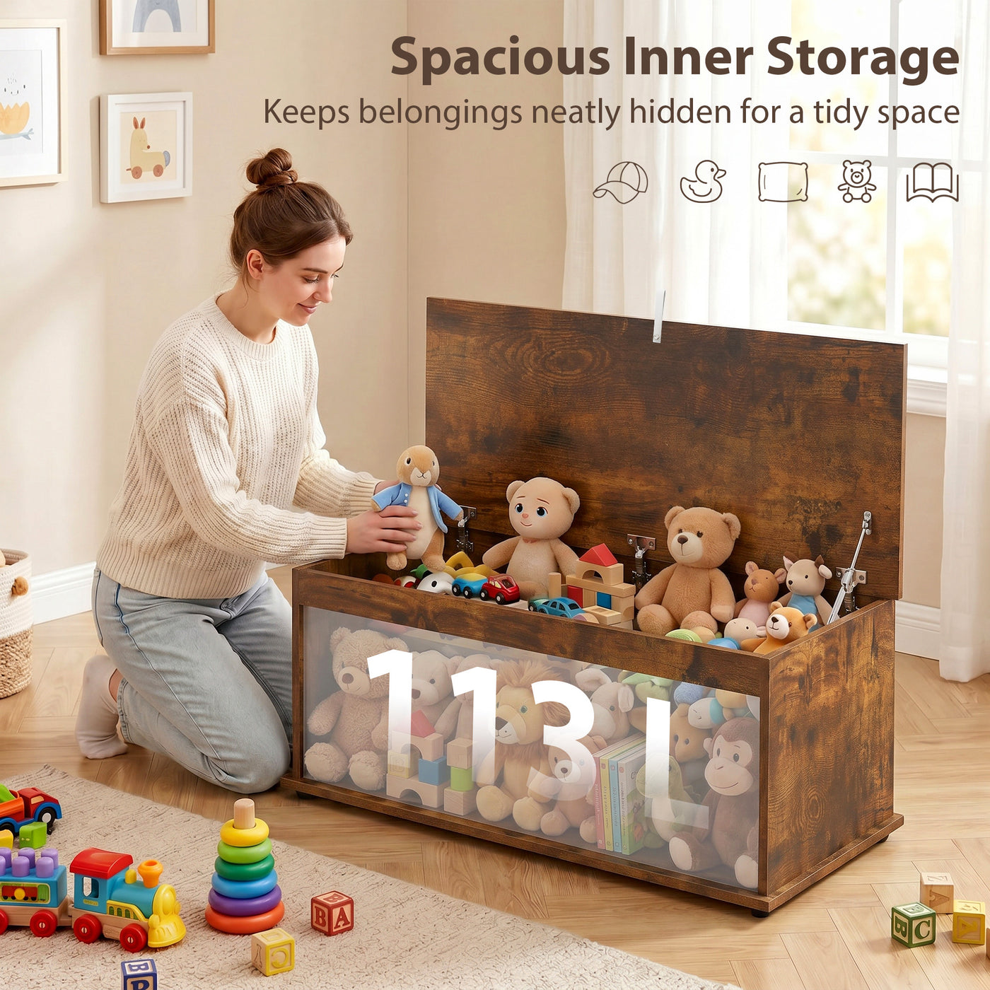 39.5" Storage Chest with 2 Safety Hinges, Storage Box Organizer with Flip-Top Lid, Entryway Storage Bench, Rustic Brown