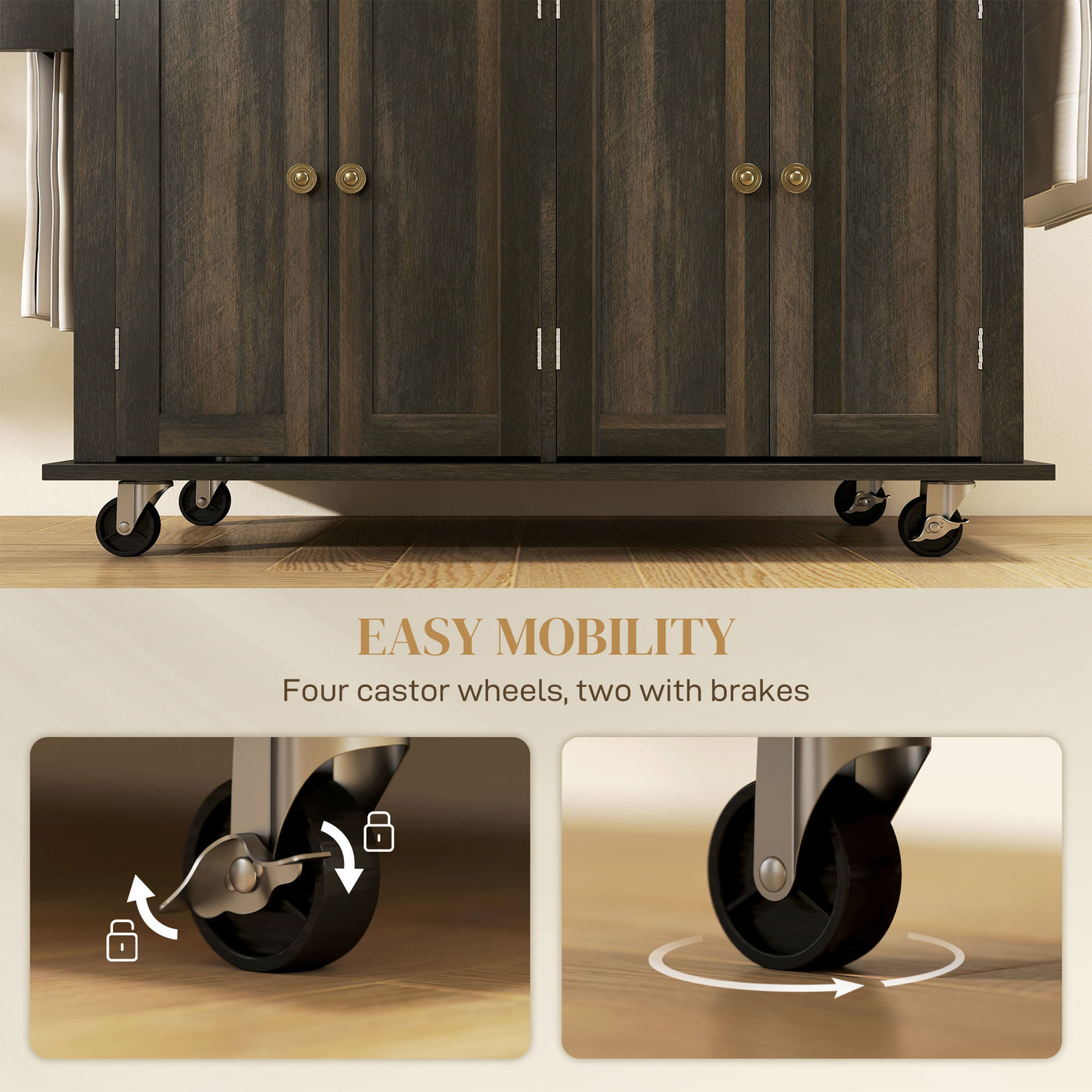 Kitchen Island with Storage, Rolling Trolley Cart with Rubber Wood Top, Spice Rack, Towel Rack, Brown Oak