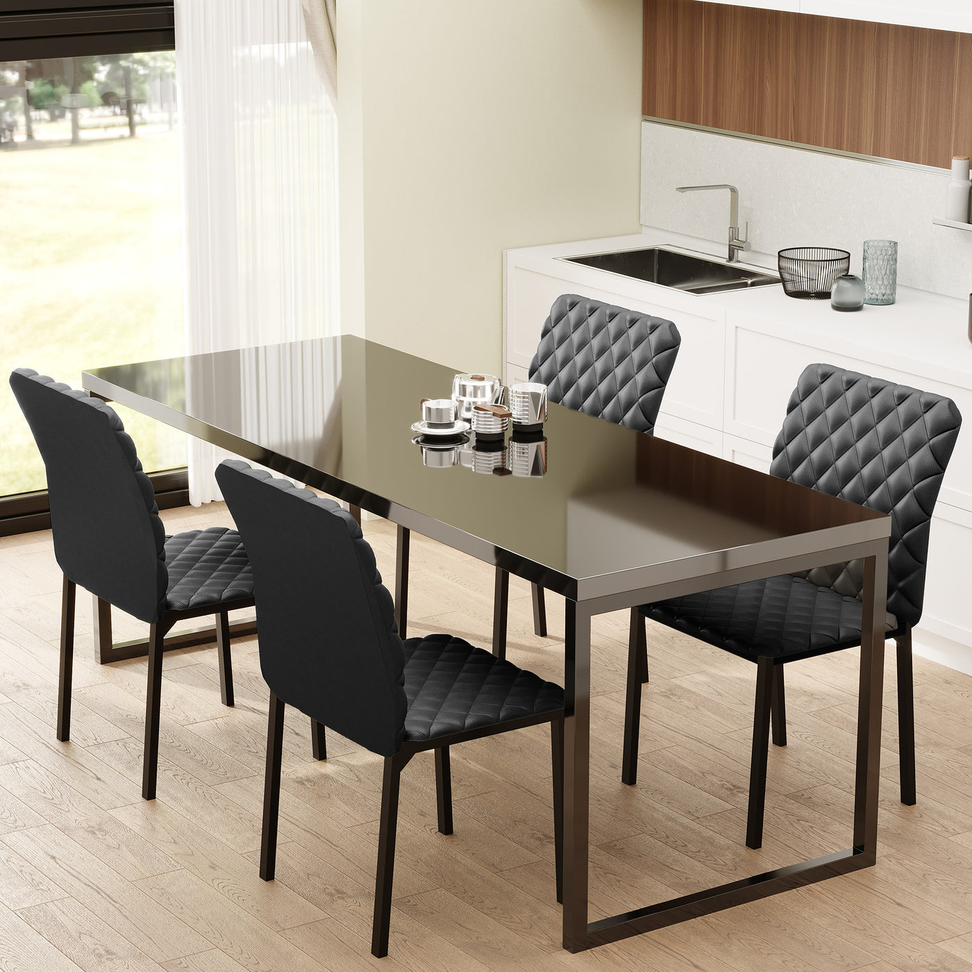 Modern Dining Chairs Set of 4, Upholstered Faux Leather Kitchen Chairs with Rhombic Tufting and Metal Legs for Living Room, Black