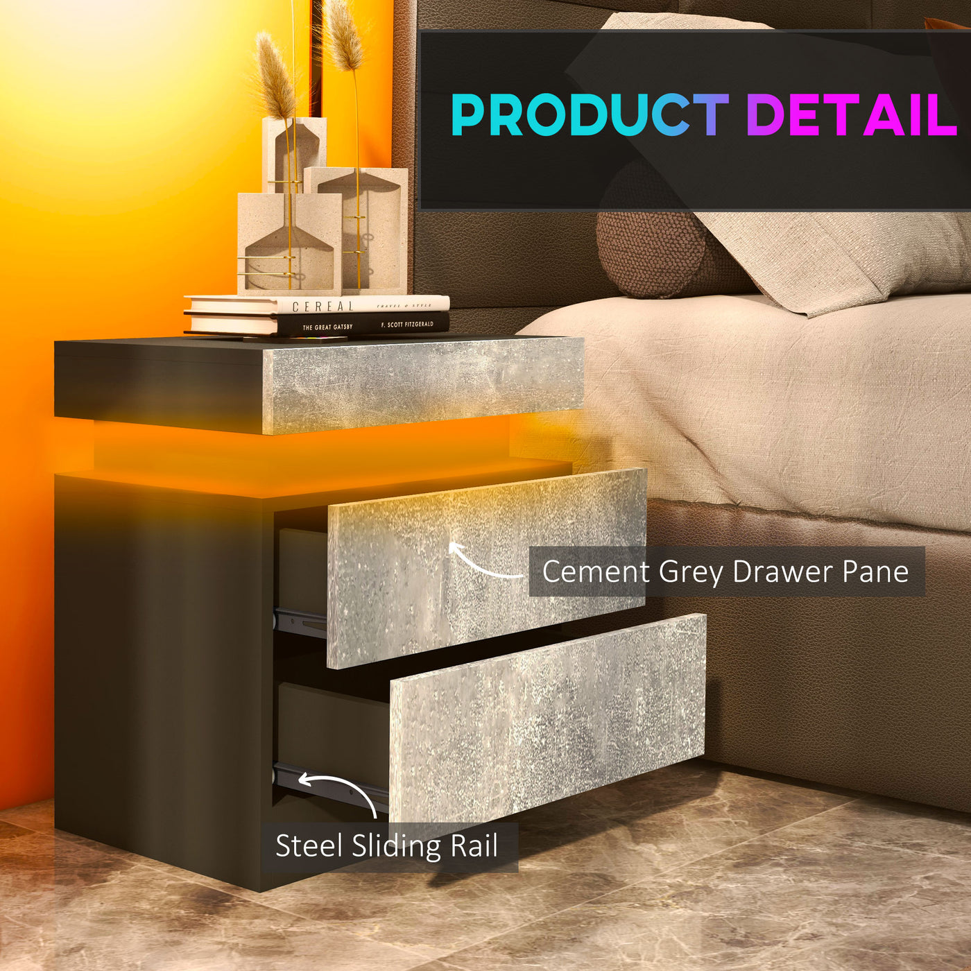 Nightstand, Bedside Table with LED Lights and 2 Drawers for Bedroom, Living Room, Cement Grey