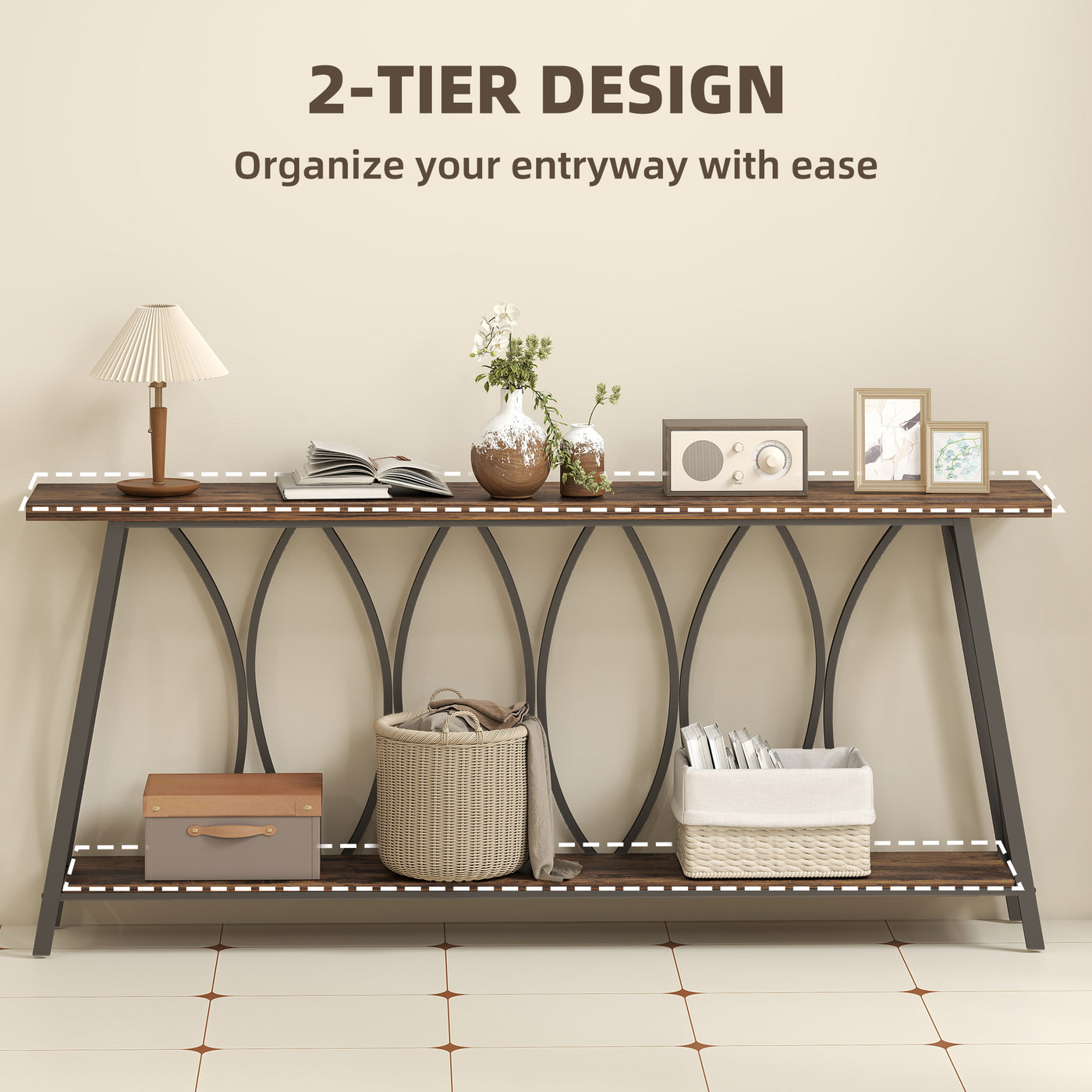 71" Console Table, Industrial 2-Tier Narrow Entryway Table with Metal Frame for Living Room, Hallway, Rustic Brown