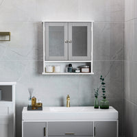 Medicine Cabinet, Wall-Mounted Bathroom Mirror Cabinet with Double Doors, Open Shelf, and Adjustable Shelf, Modern Bathroom Wall Cabinet, White and Grey
