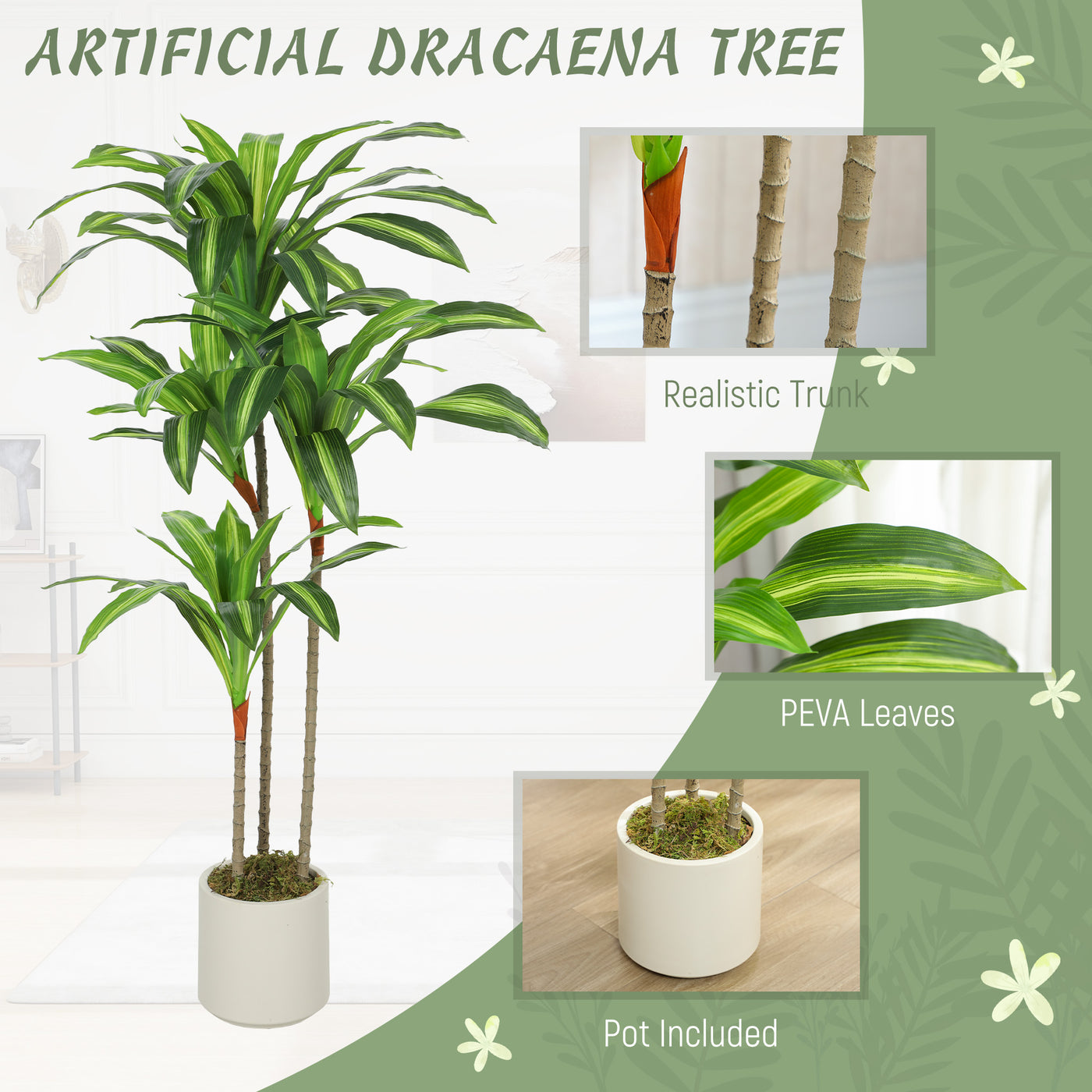 4FT Dracaena Fake Plant, Artificial Plant with Bendable Trunks for Home Office Decor, Green
