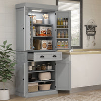 71" Kitchen Pantry Cabinet with LED Lights, 6 Spice Racks, a Drawer and 4 Adjustable Shelves, Grey