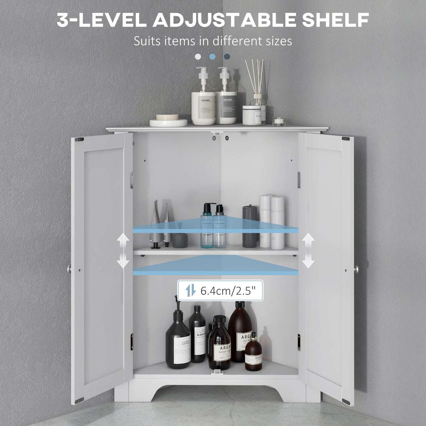 Modern Bathroom Storage Cabinet, Corner Cabinet with Doors, Bathroom Cabinet with Adjustable Shelf and Recessed Door, White