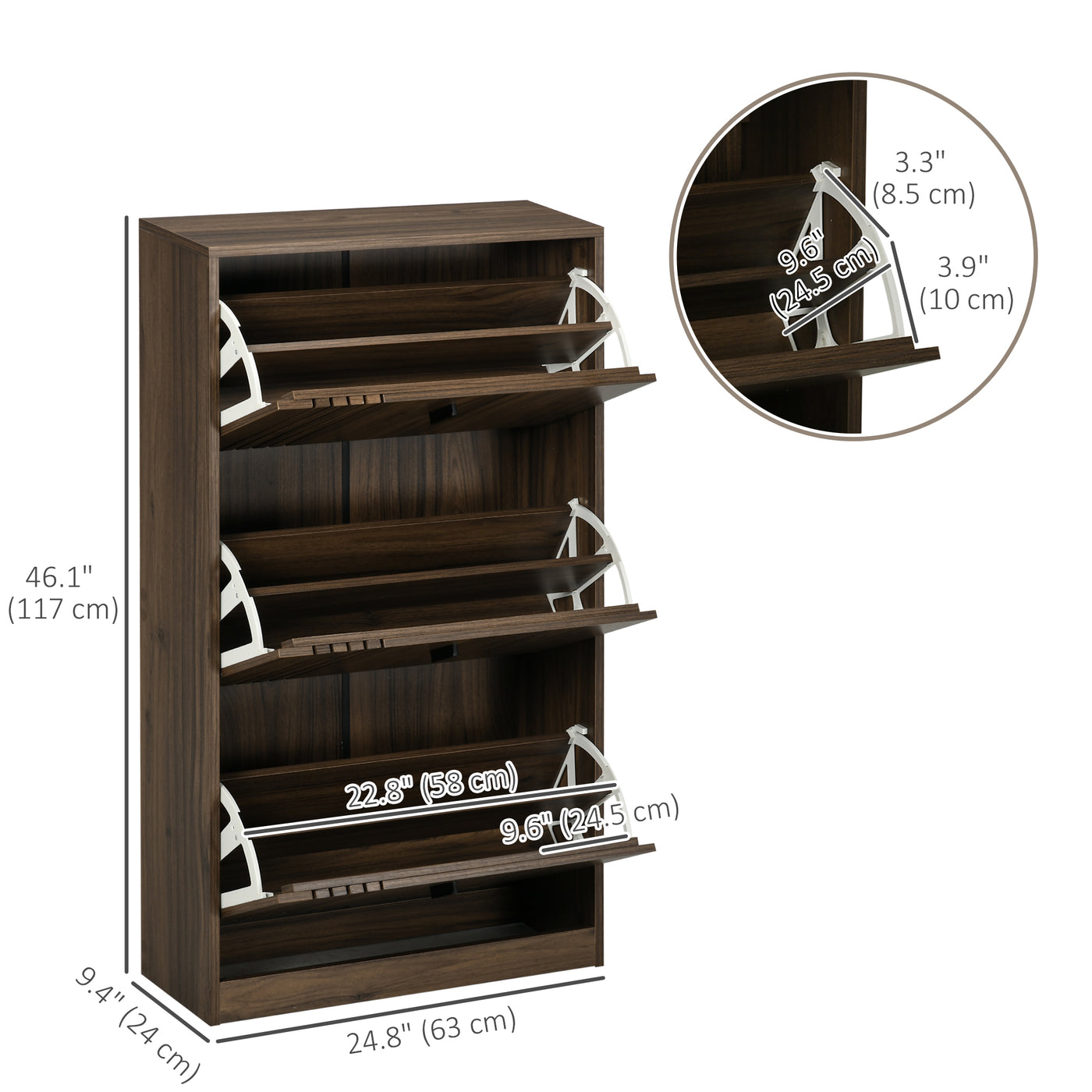 Shoe Storage Cabinet Organizer for 18 Pairs of Shoes with 3 Flip Drawers and Adjustable Shelves, Walnut