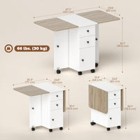 Drop Leaf Dining Table, Mobile Folding Table on Wheels with Drawers and Cabinet for Dining Room, Kitchen, White and Oak