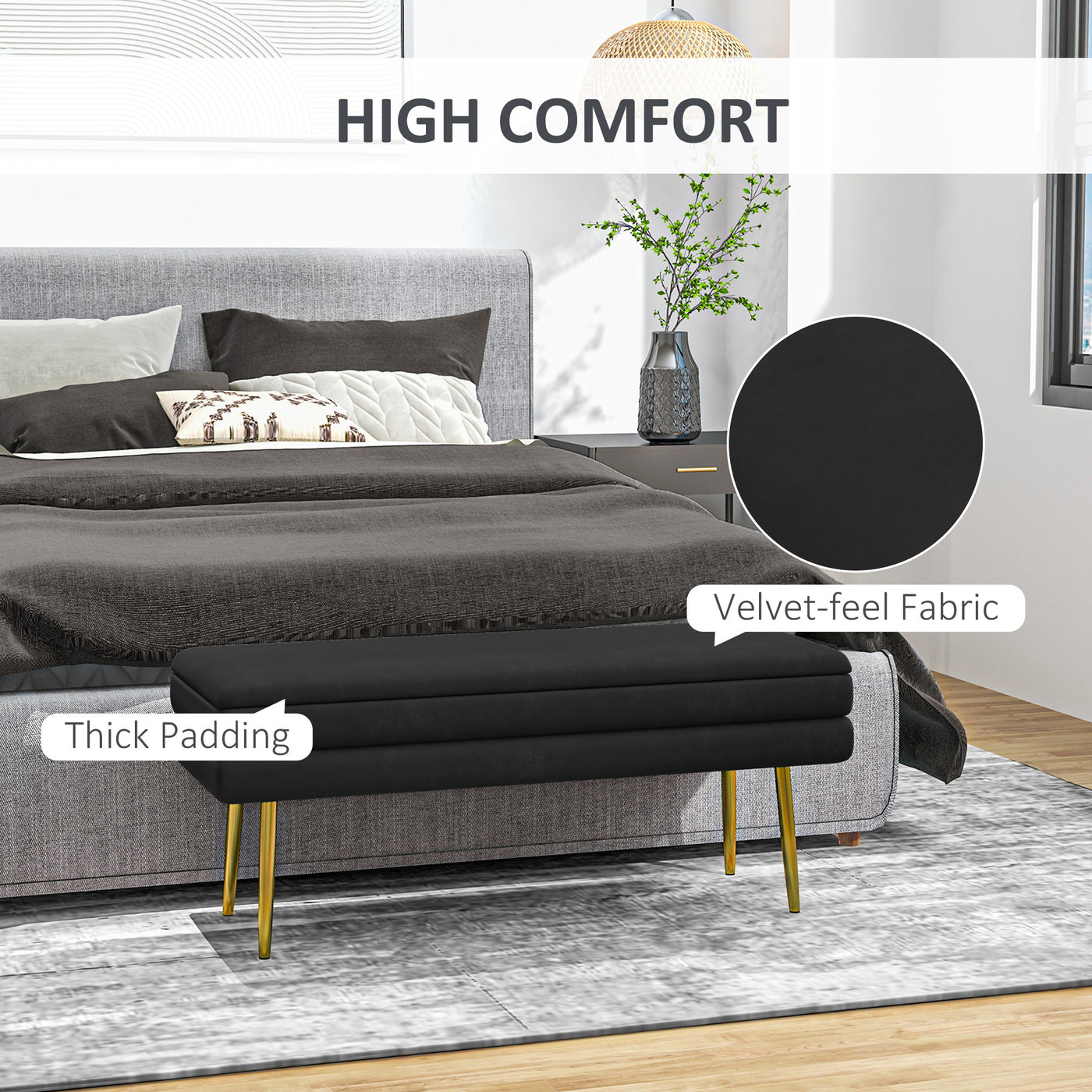 39" Storage Ottoman, Velvet End of Bed Bench with Steel Legs, Foot Stool with Storage for Bedroom, Living Room, Black