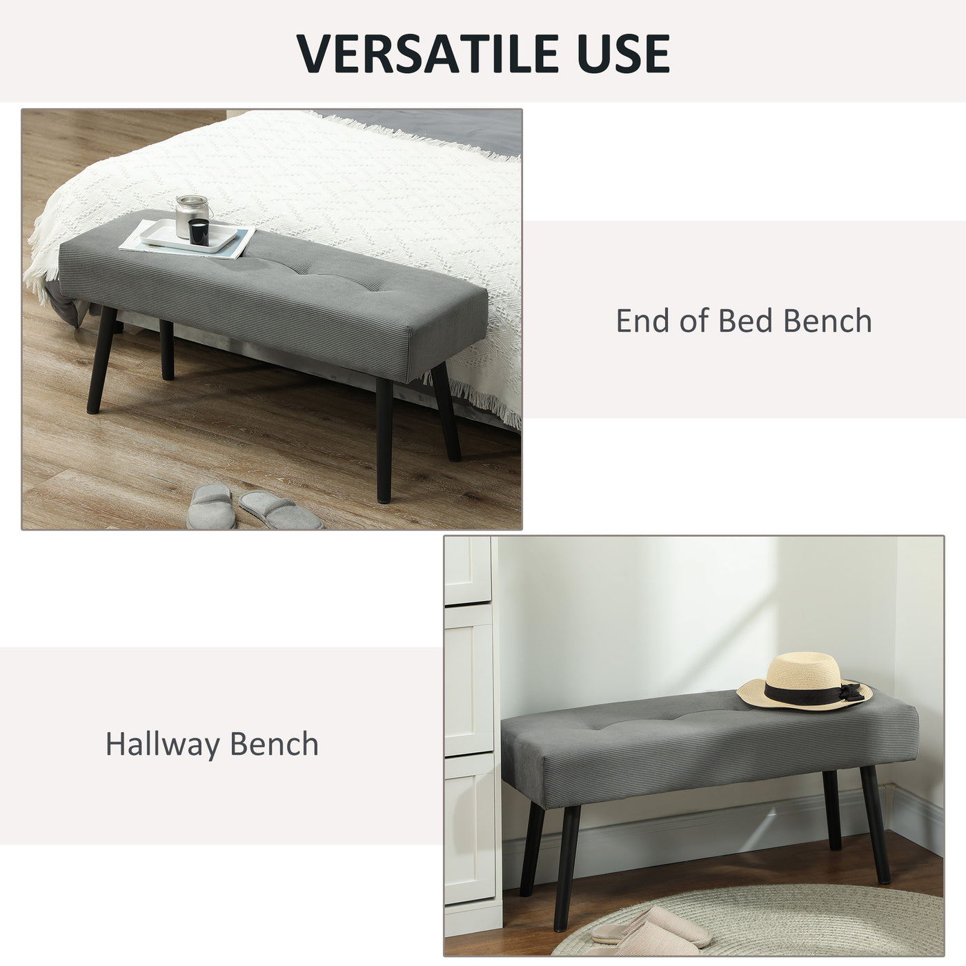39" Upholstered Ottoman Bench, Corduroy Entryway Bedroom Bench with Padded Seat and Steel Legs for Bedroom, Grey