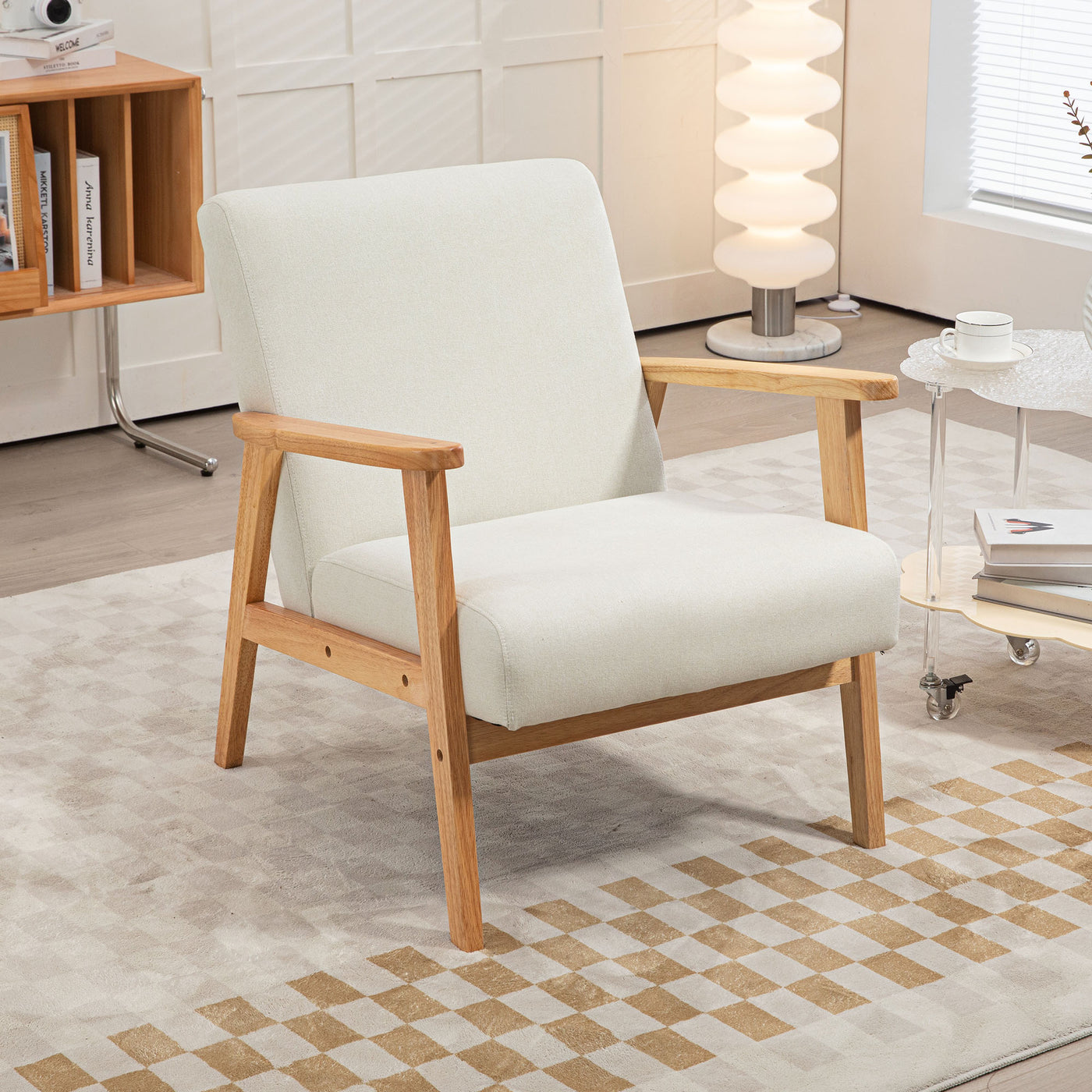 Mid-Century Modern Accent Chair Retro Fabric Armchair Wooden Arm Upholstered Lounge Chair for Living Room Cream White