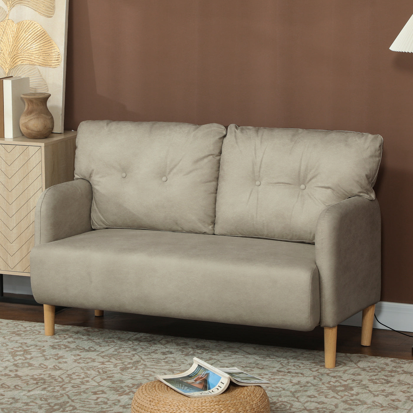 58" 2 Seat Sofa, Modern Love Seats Furniture, Upholstered 2 Seater Couch, Solid Wood Frame, Beige