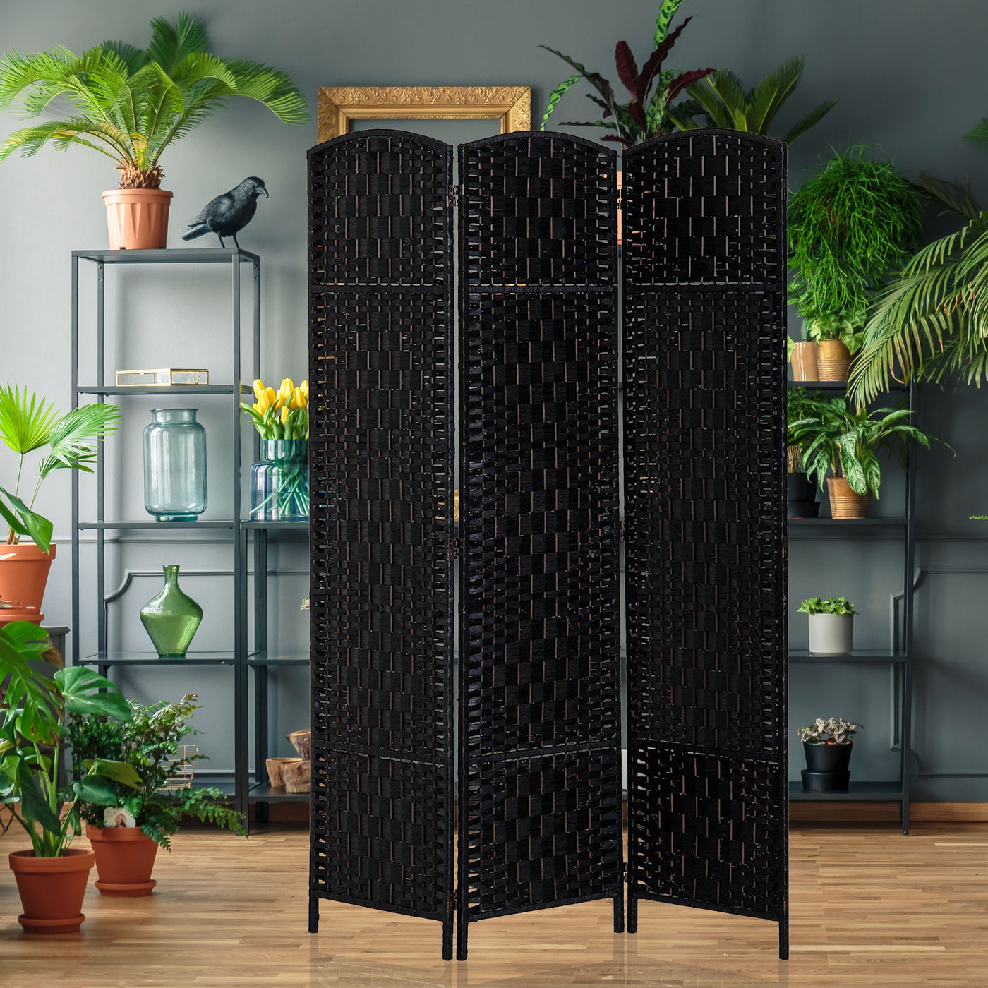 6ft Folding Room Divider, 3 Panel Wall Partition with Wooden Frame for Bedroom, Home Office, Black