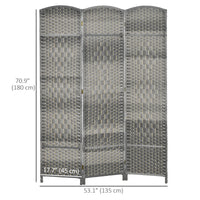 6 Ft Tall Folding Room Divider, 3 Panel Portable Privacy Screen, Hand-Woven Partition Wall Divider, Mixed Grey