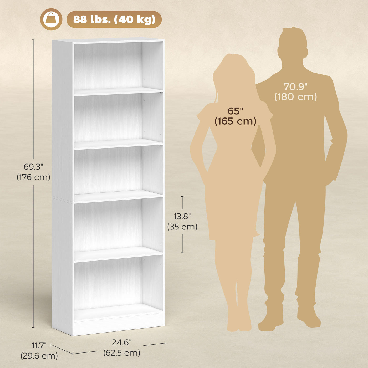 5-Tier Bookcase, Storage Bookshelf with Adjustable Shelves, Display Shelves for Living Room, Home Office, White