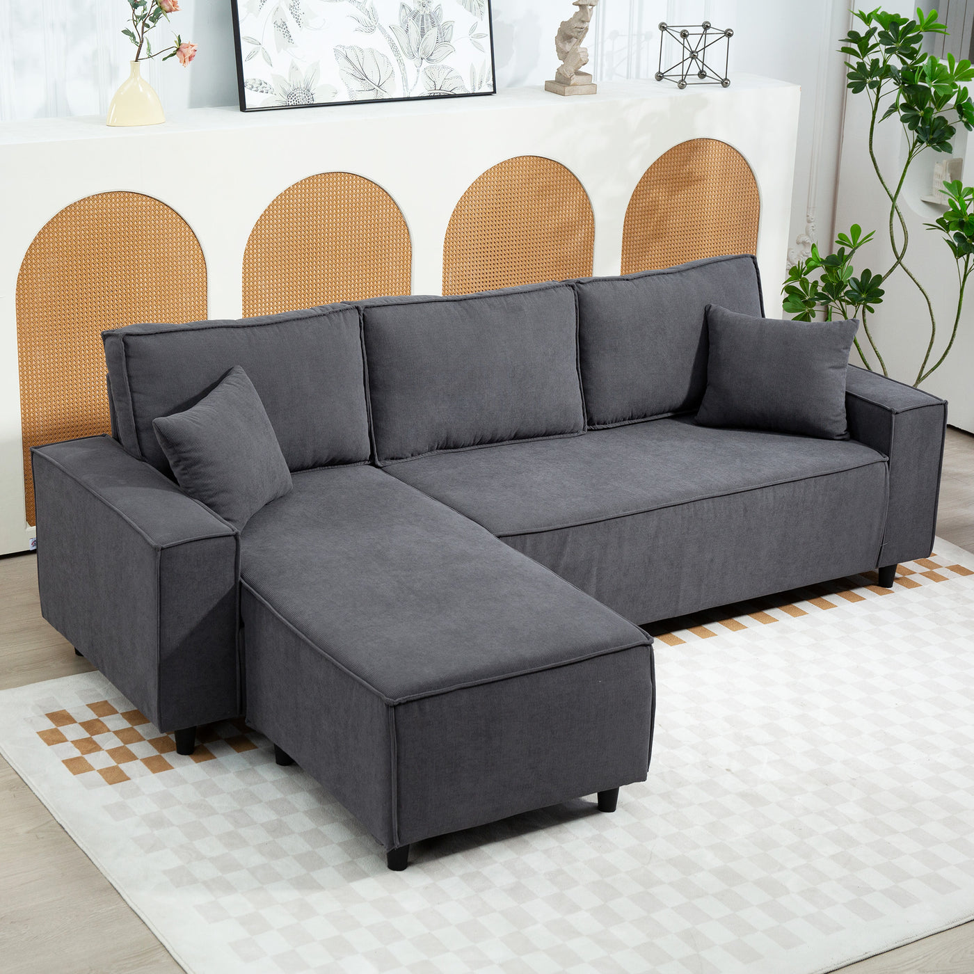 Corner Sofa with Changeable Chaise, Corduroy L-Shaped Sectional Sofa with Pocket Spring, 2 Pillows, Charcoal Grey