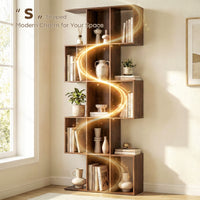 5-Tier Bookshelf, S Shaped Geometric Bookcase with 15 Compartments, Brown Wood Grain