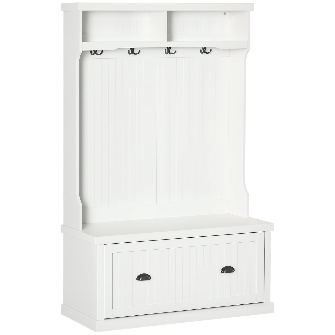 64.5" H Hall Tree with Storage Drawer & Top Shelf, Coat Rack Wooden Entryway Storage Bench Hall Tree Hallway Clothes Bag Coat Rack 4 Hooks, White