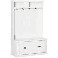 64.5" H Hall Tree with Storage Drawer & Top Shelf, Coat Rack Wooden Entryway Storage Bench Hall Tree Hallway Clothes Bag Coat Rack 4 Hooks, White