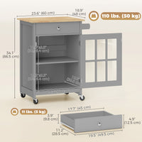 Rolling Kitchen Cart with Drawer and Glass Door Cabinet, Kitchen Island on Wheels with Towel Rack, Dark Grey