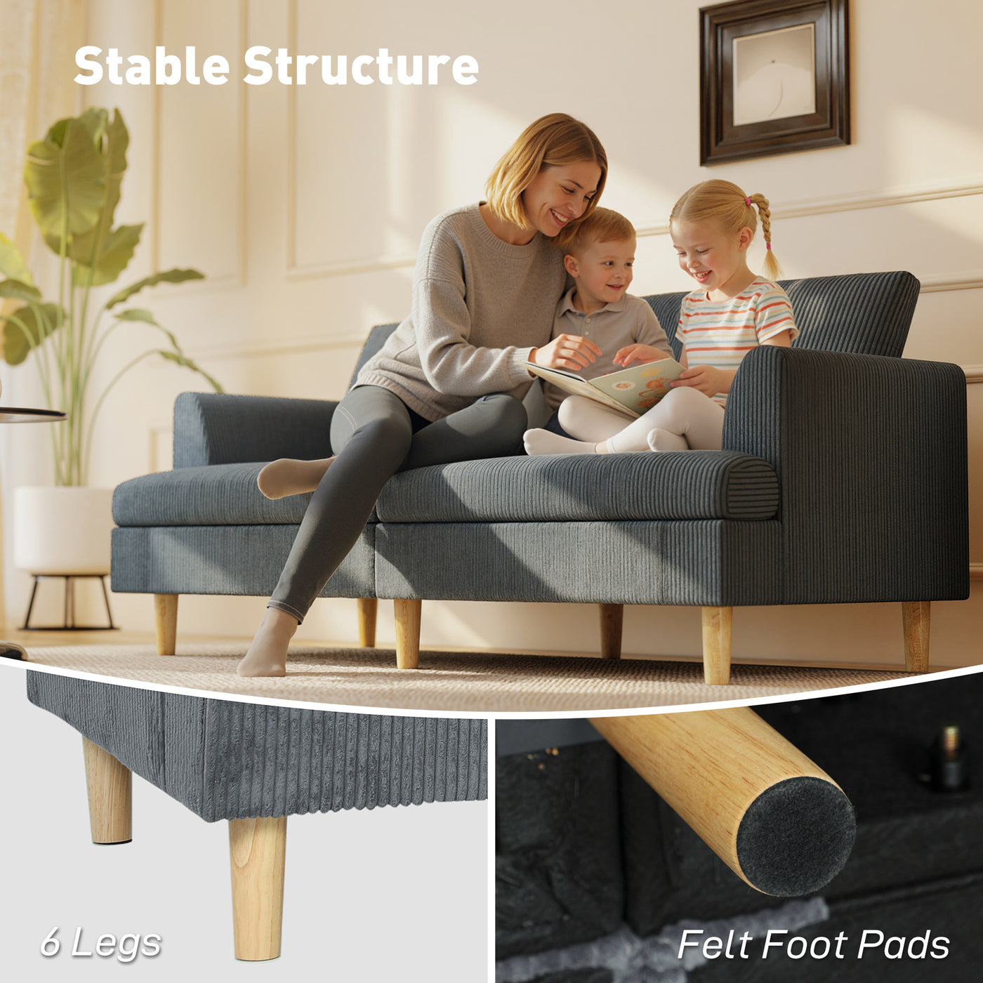 3 Seater Sofa, 74" Modern Corduroy Upholstered Couch with Thick Spring Cushions, Solid Wood Legs, Armrests, Dark Grey