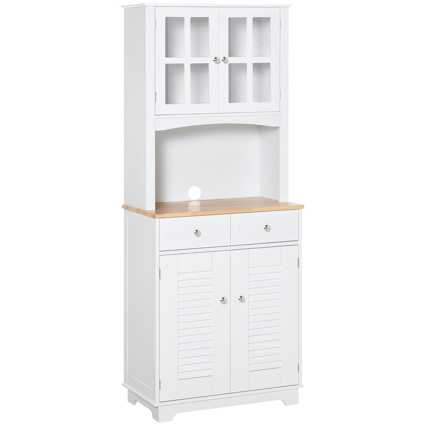 Coastal Style Kitchen Buffet and Hutch Wooden Storage Cupboard with Framed Glass Door LouveredCabinet  Drawers Microwave Space for Dining Room  Living Room  White