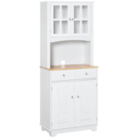 Coastal Style Kitchen Buffet and Hutch Wooden Storage Cupboard with Framed Glass Door LouveredCabinet  Drawers Microwave Space for Dining Room  Living Room  White